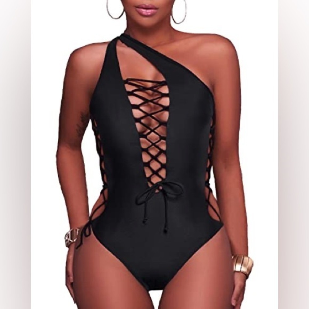 HOLIPICK High Cut Legs Cross Back Bathing Suits-Black‎ size M